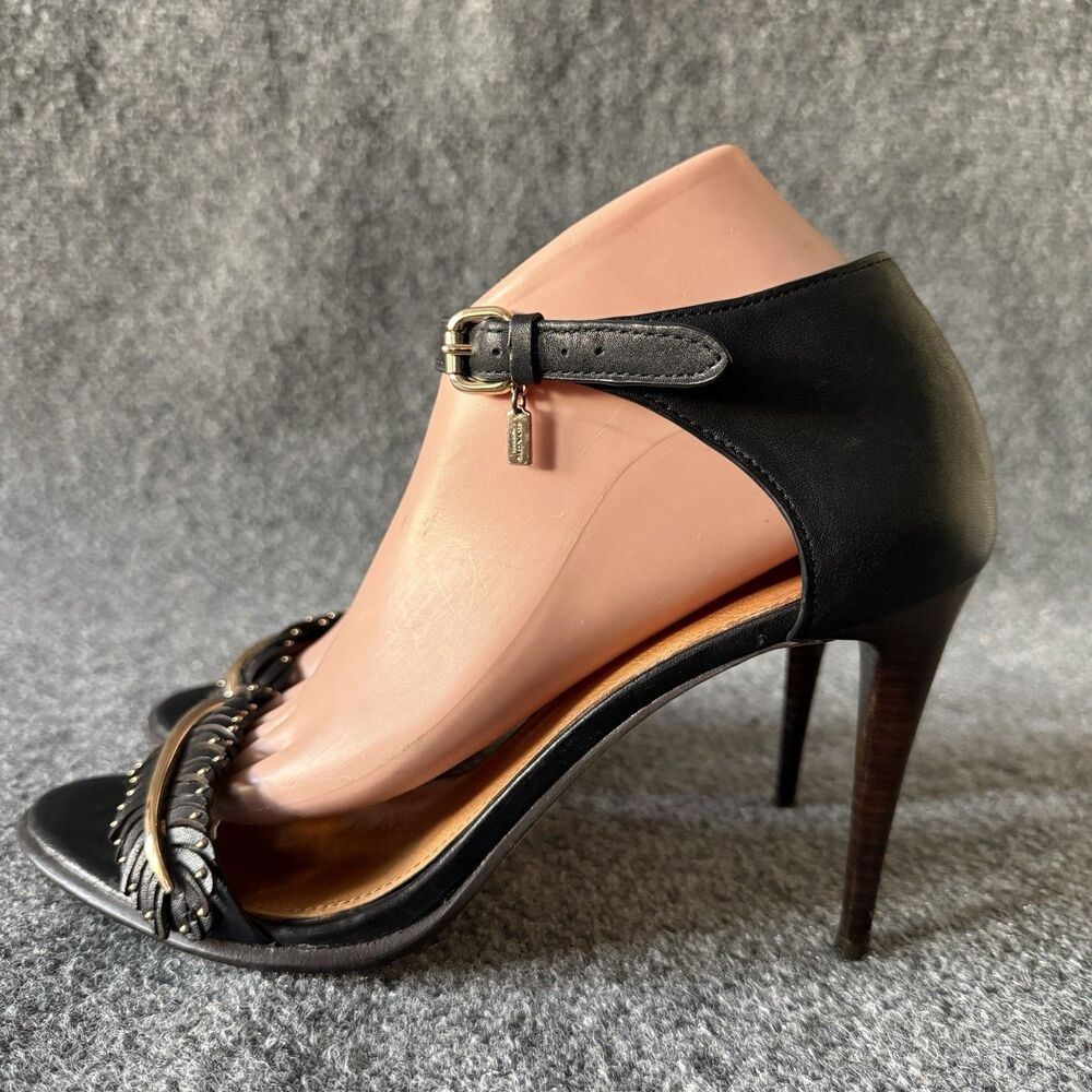 Coach Isabella Black Feather Studded Ankle Strap Strappy Leather Heel 10B - Picture 3 of 13